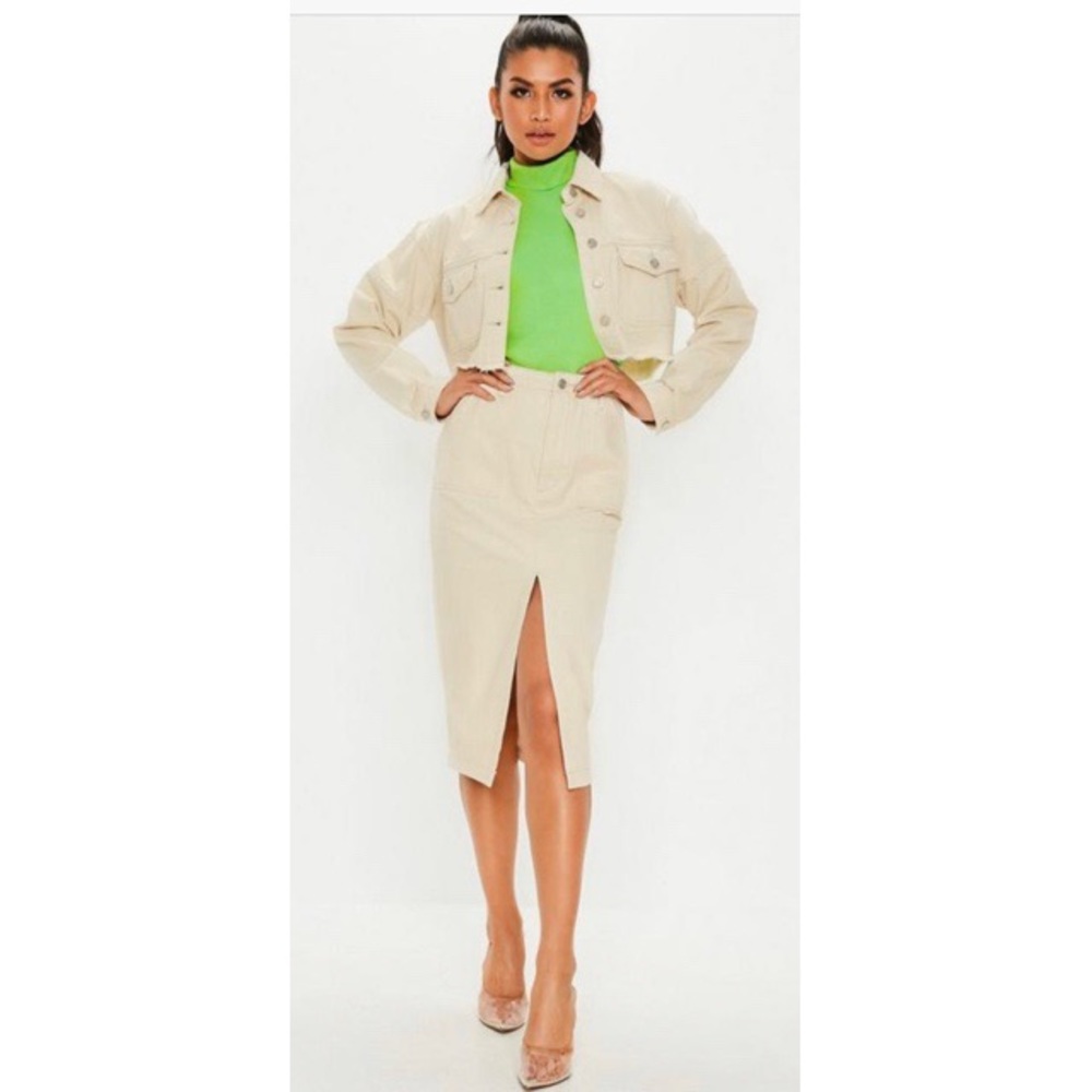 Stone Denim Front Split Co Ord Midi Skirt